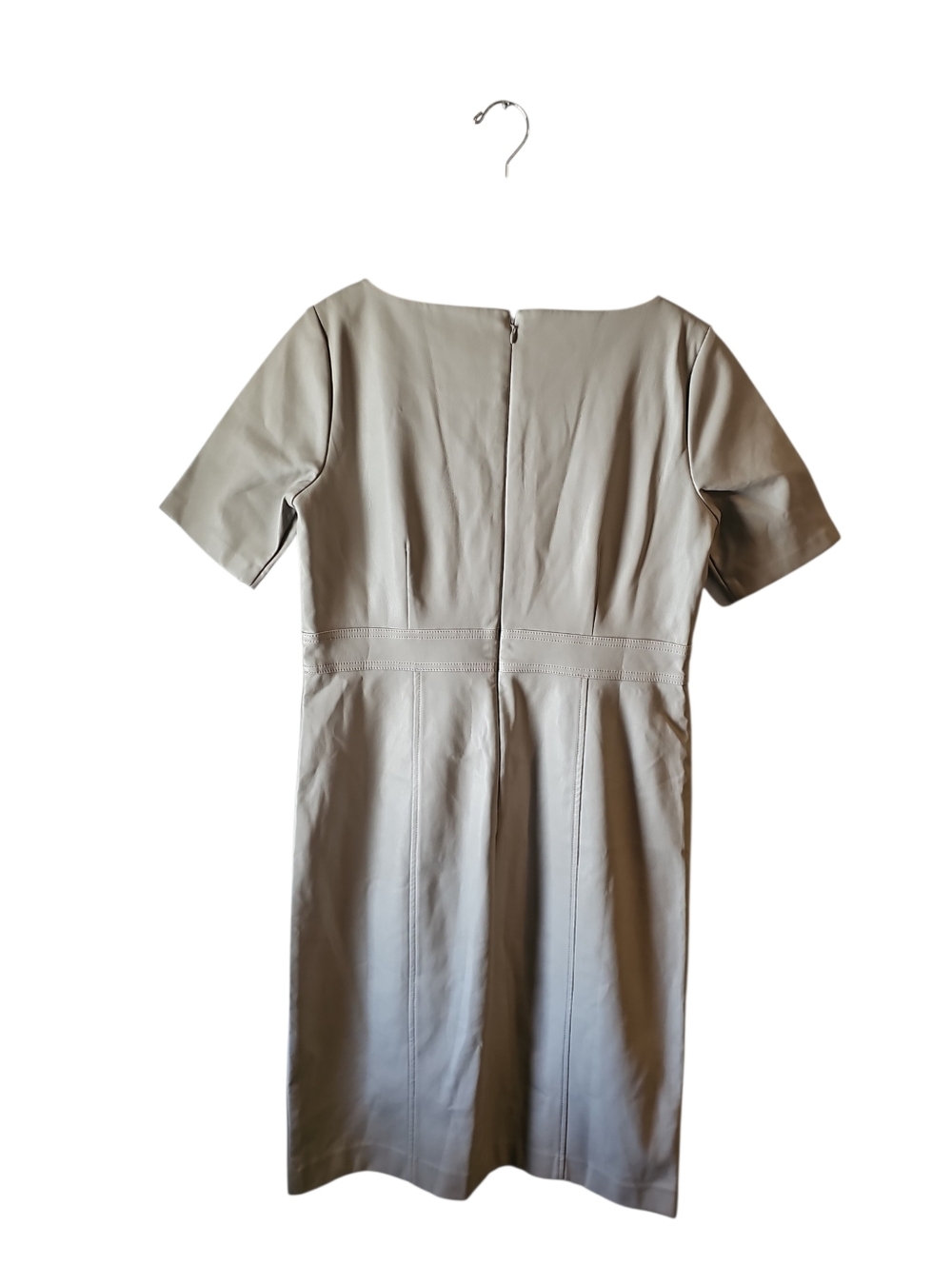 Ann Taylor Faux Leathwr Women's Taupe Gray Short-Sleeve Sheath Dress Sz 10 - Picture 3 of 7